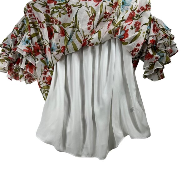 CeCe Women XL White Floral Off Shoulder Smocked Ruffle Sleeve Chiffon Top Beachy - Picture 4 of 16